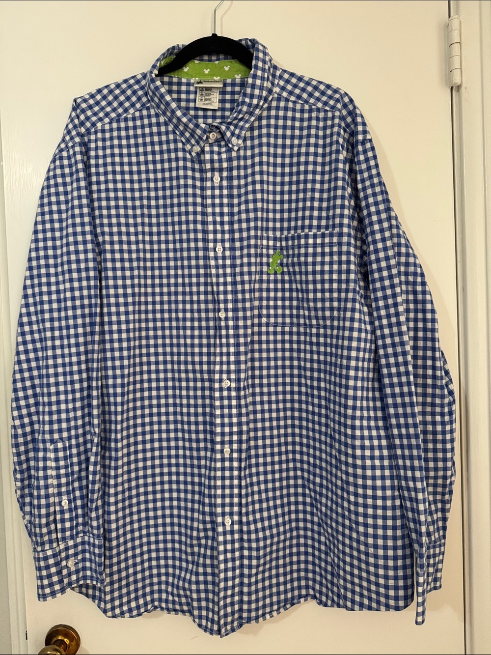 Men’s Disney Blue and White Gingham Button-Down Shirt with Green Mickey